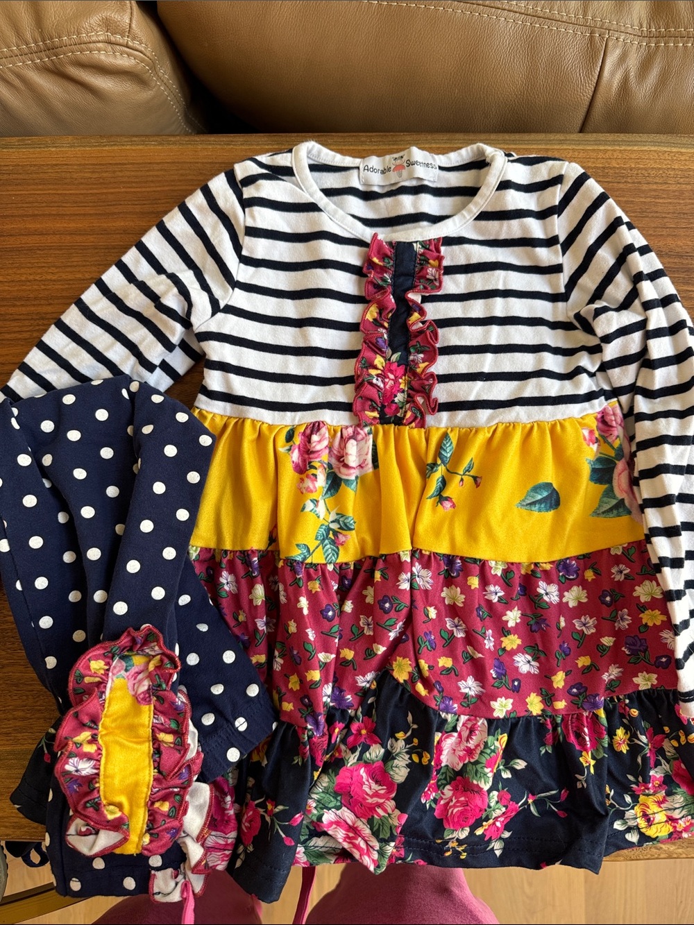 Girls Navy Stripe & Floral Tiered Matching Set with Yellow Accents